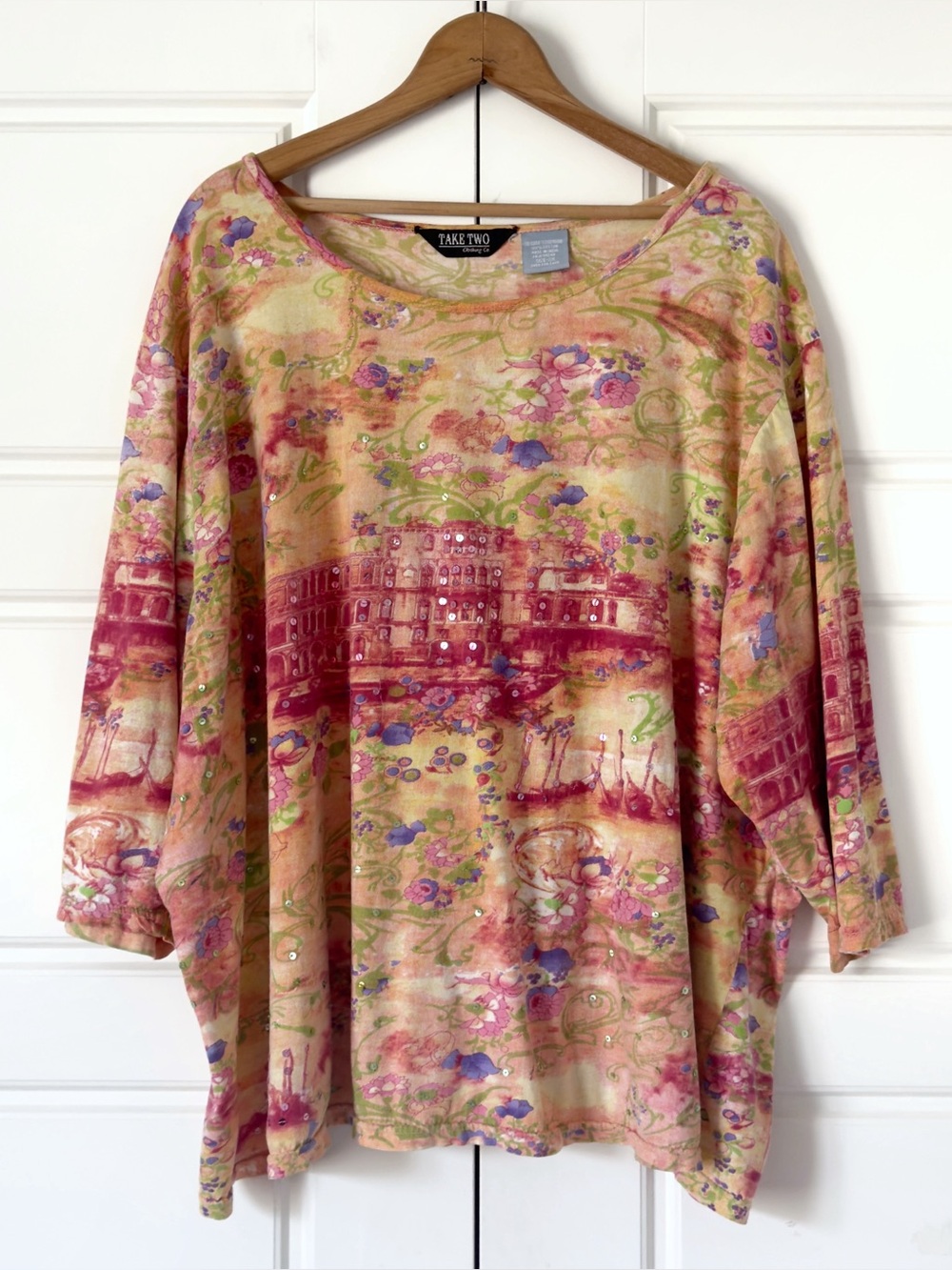 Take Two Clothing Artsy Sequins Knit Top Womens 3X Colorful Italy Cityscape Boho